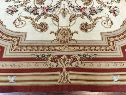 Aubusson Needlepoint Rug 9x11, Handmade Vintage Wool Flatweave Carpet, Elegant European Rug, Floral, Cream