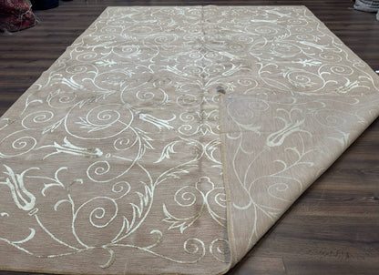 Tibetan Rug 9x12 Wool and Silk Beige Modern Handmade Carpet