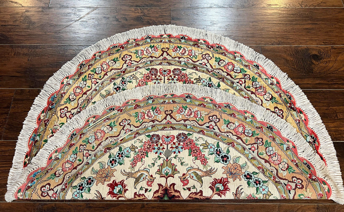 Silk Persian Tabriz Round Rug 3x3 ft, Very Fine Hand Knotted Carpet 380 KPSI, Cream & Gold, Bird Pictorials, Floral, Rare