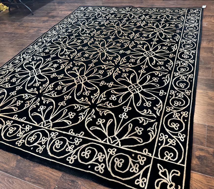 Tibetan Rug 8x10, Wool and Silk, Raised Pattern, Black and Gold, Floral