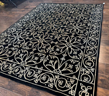 Tibetan Rug 8x10, Wool and Silk, Raised Pattern, Black and Gold, Floral