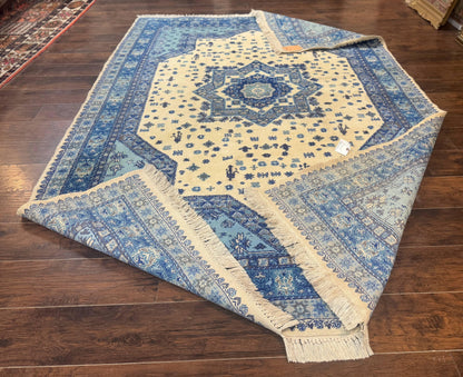 Moroccan Rug 7x10, Geometric Medallion, Blue and Ivory
