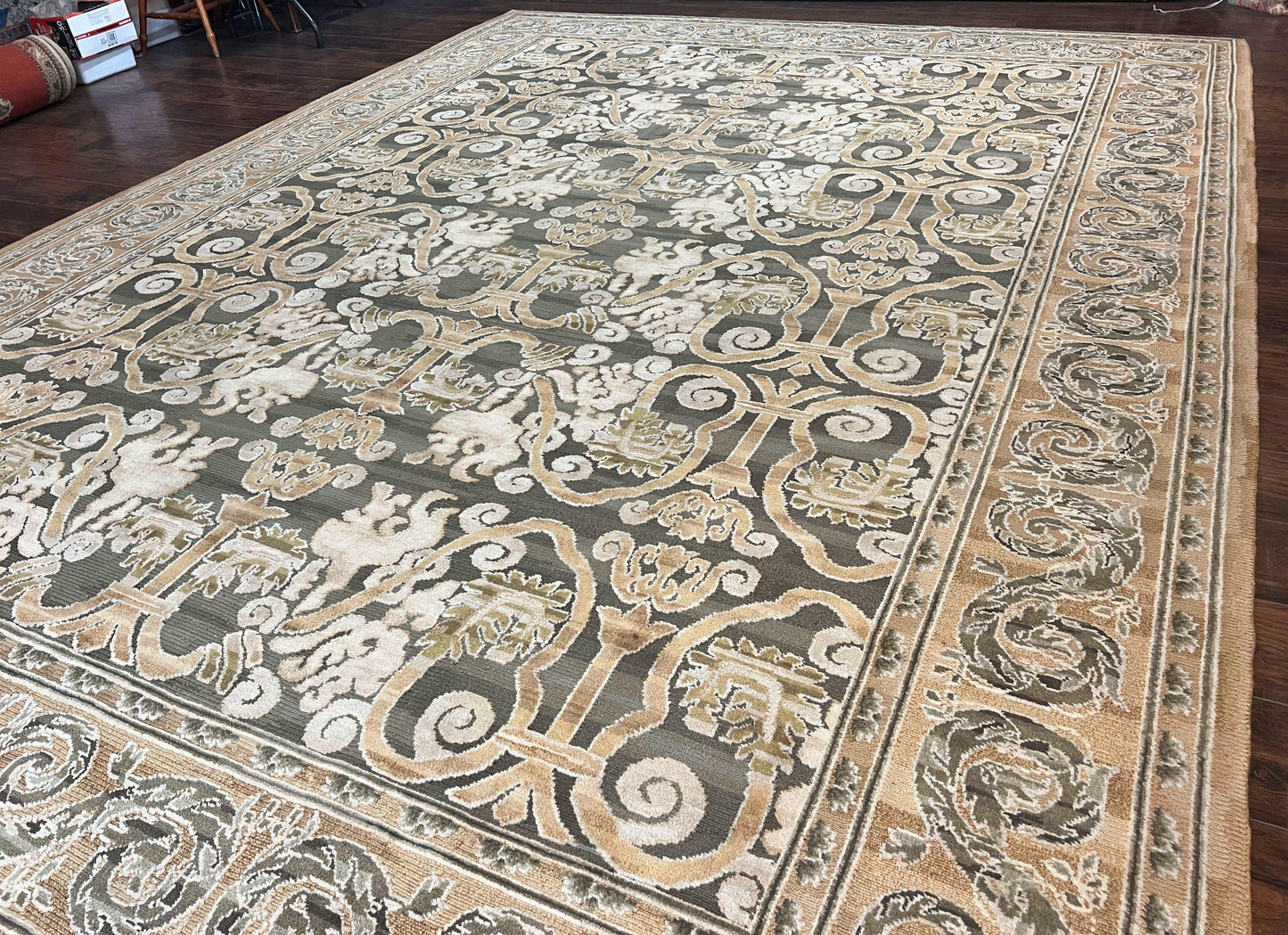 Spanish Rug 11x14, Wool Hand Knotted Vintage Carpet, Olive Green and Beige, Floral Allover, European Design, 11 x 14 Rug