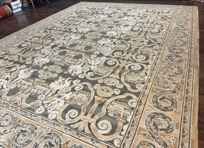 Spanish Rug 11x14, Wool Hand Knotted Vintage Carpet, Olive Green and Beige, Floral Allover, European Design, 11 x 14 Rug