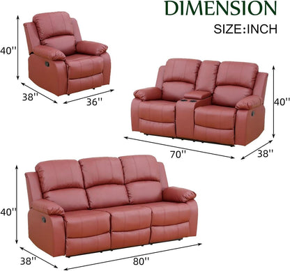 Leather Recliner Sofa Set Red Three Piece Living Room Furniture