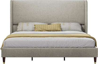 King Size Wingback Headboard Upholstered Bed Frame Khaki