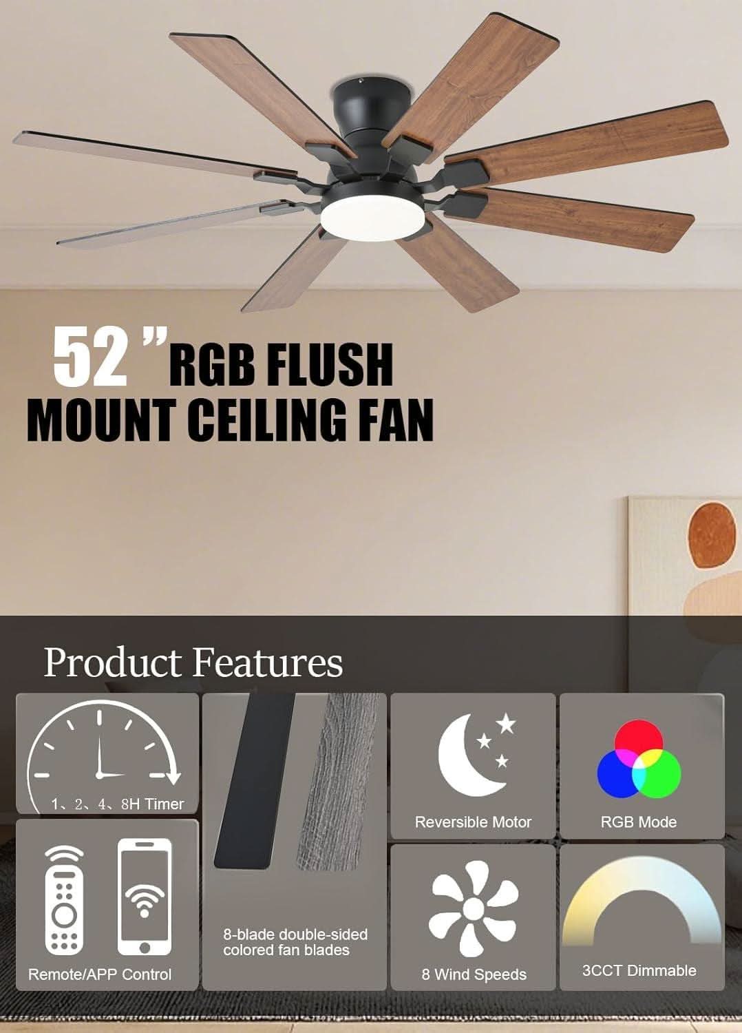 52 Inch Ceiling Fan With Light Remote App Control Brown