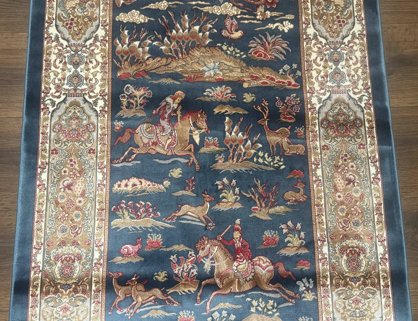 Turkish Silk Hunting Scene Rug 2.6 x 5, Dark Steel Blue & Ivory, Bamboo Silk, New