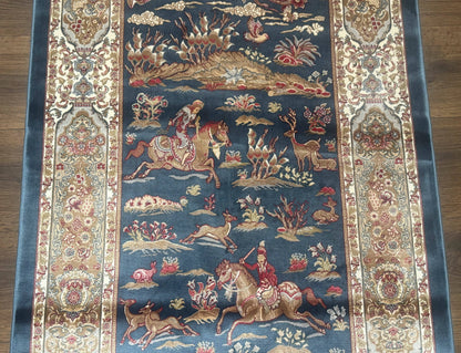 Turkish Silk Hunting Scene Rug 2.6 x 5, Dark Steel Blue & Ivory, Bamboo Silk, New