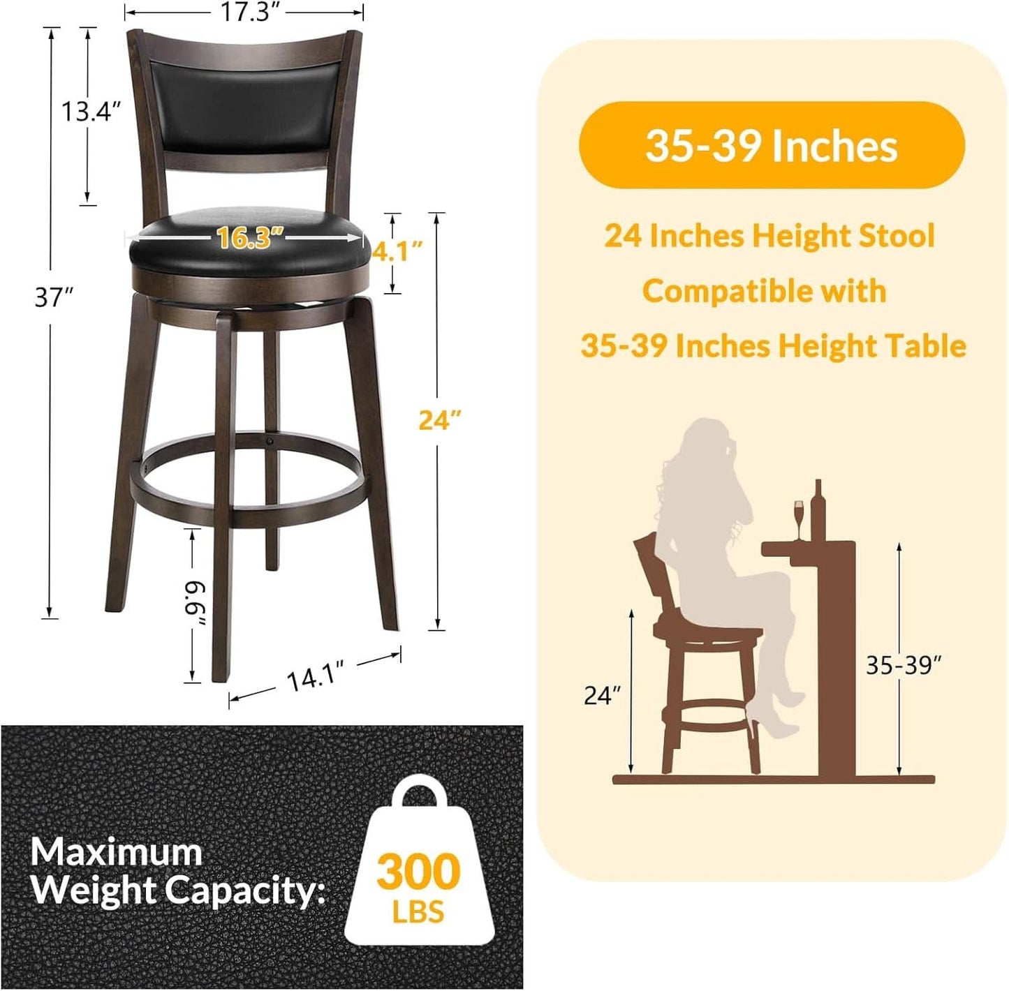 24 Inch Counter Height Swivel Bar Stools Black Set Of 2