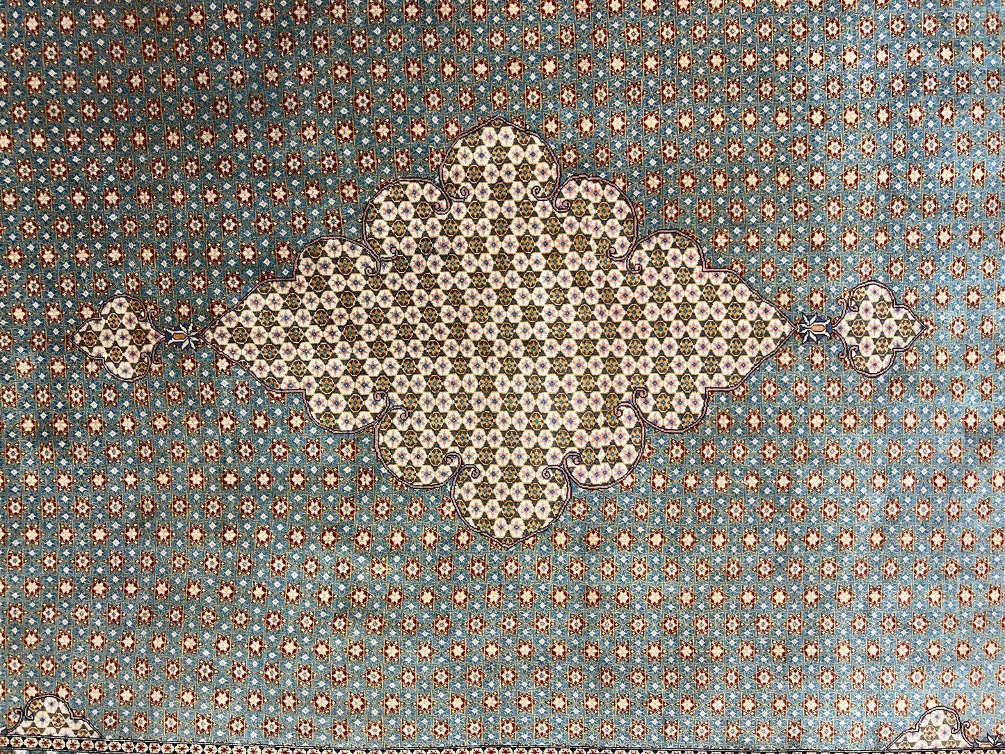 Rare Persian Rug 8x12, Qum Rug, Repeated Star Motifs, Blue and Ivory, Fine 300 KPSI, Hand Knotted Handmade Vintage Wool Rug