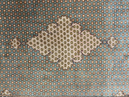 Rare Persian Rug 8x12, Qum Rug, Repeated Star Motifs, Blue and Ivory, Fine 300 KPSI, Hand Knotted Handmade Vintage Wool Rug