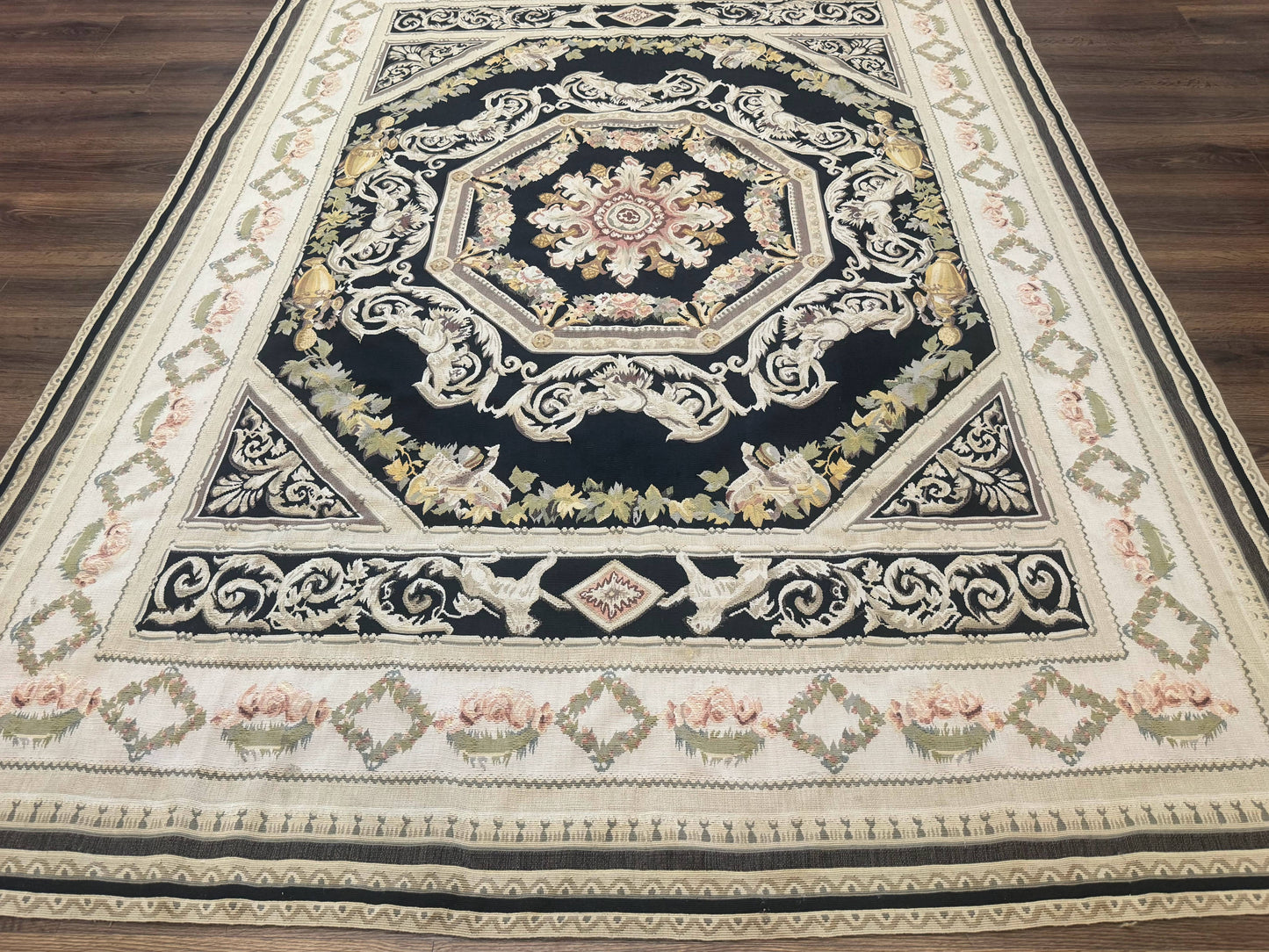 Aubusson Rug 6x8, European Design, Lion Pictorials, Black