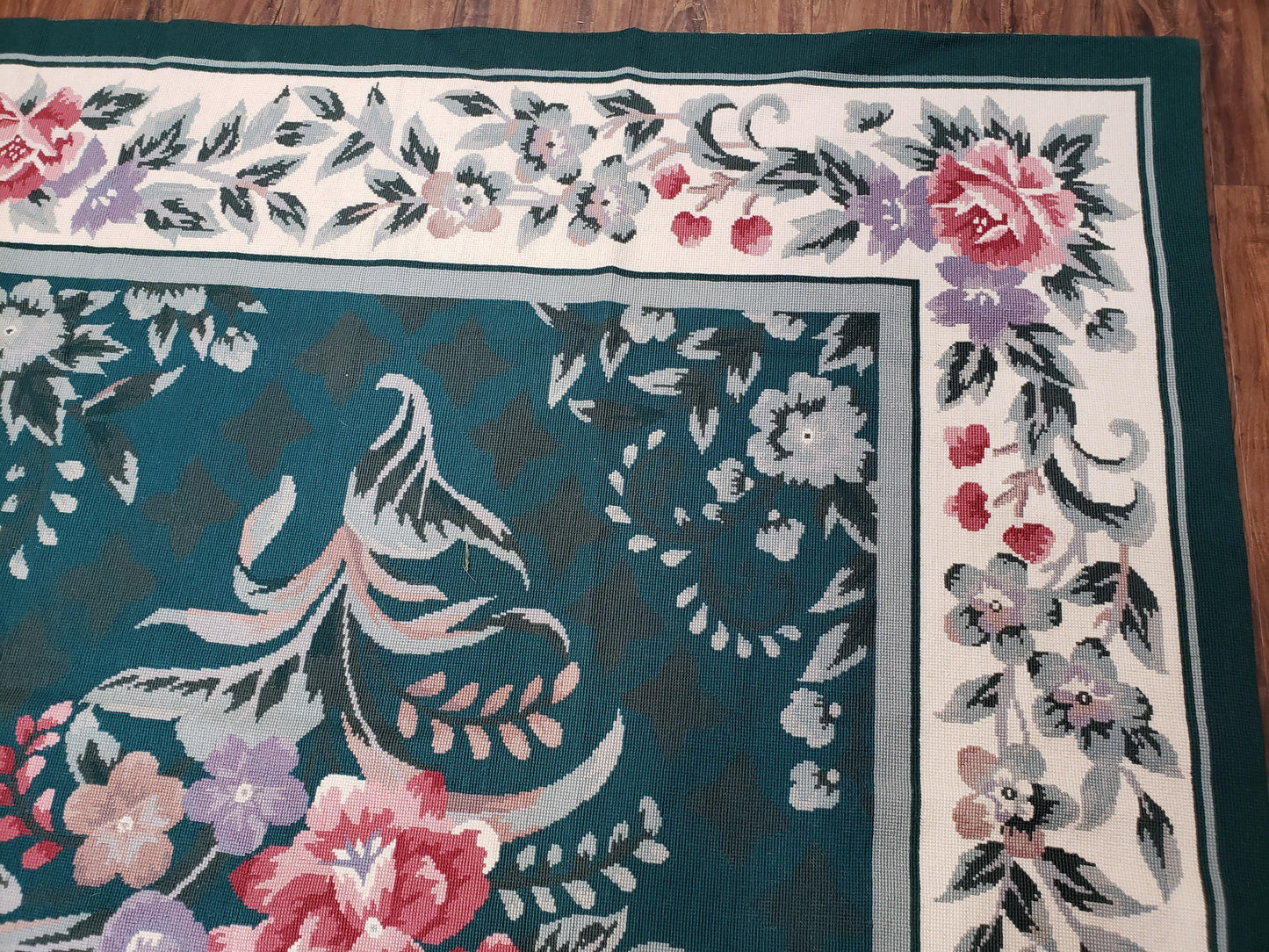 Chinese Needlepoint Rug 8x10, Vintage Green Area Rug, Hand-Woven Flatweave Floral European Design Carpet Wool Handmade 8x 10 Living Room Rug