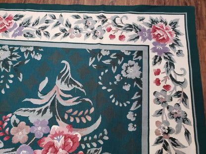 Chinese Needlepoint Rug 8x10, Vintage Green Area Rug, Hand-Woven Flatweave Floral European Design Carpet Wool Handmade 8x 10 Living Room Rug