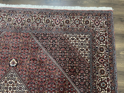 Wonderful Persian Bidjar Rug 7x8 ft, Almost Square Oriental Carpet, Herati Mahi, Highly Detailed, Ivory Red Navy Blue, Very Fine Handmade Bijar Rug
