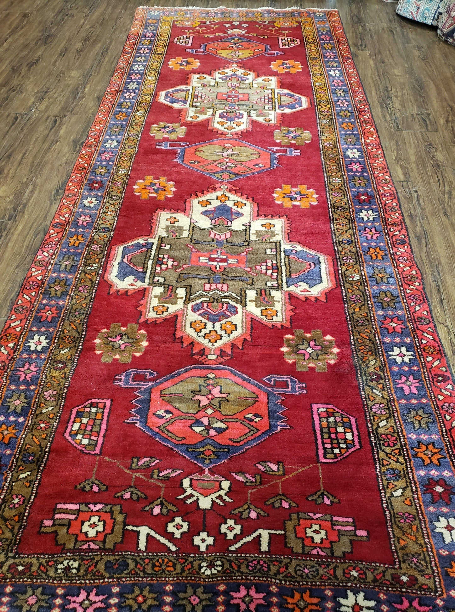 Antique Persian Karajeh Runner Rug 4.4 x 11 ft, Red Colorful Geometric Medallion Runner