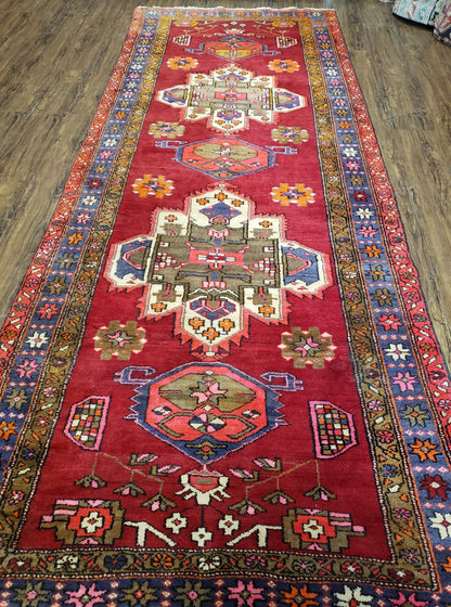 Antique Persian Karajeh Runner Rug 4.4 x 11 ft, Red Colorful Geometric Medallion Runner