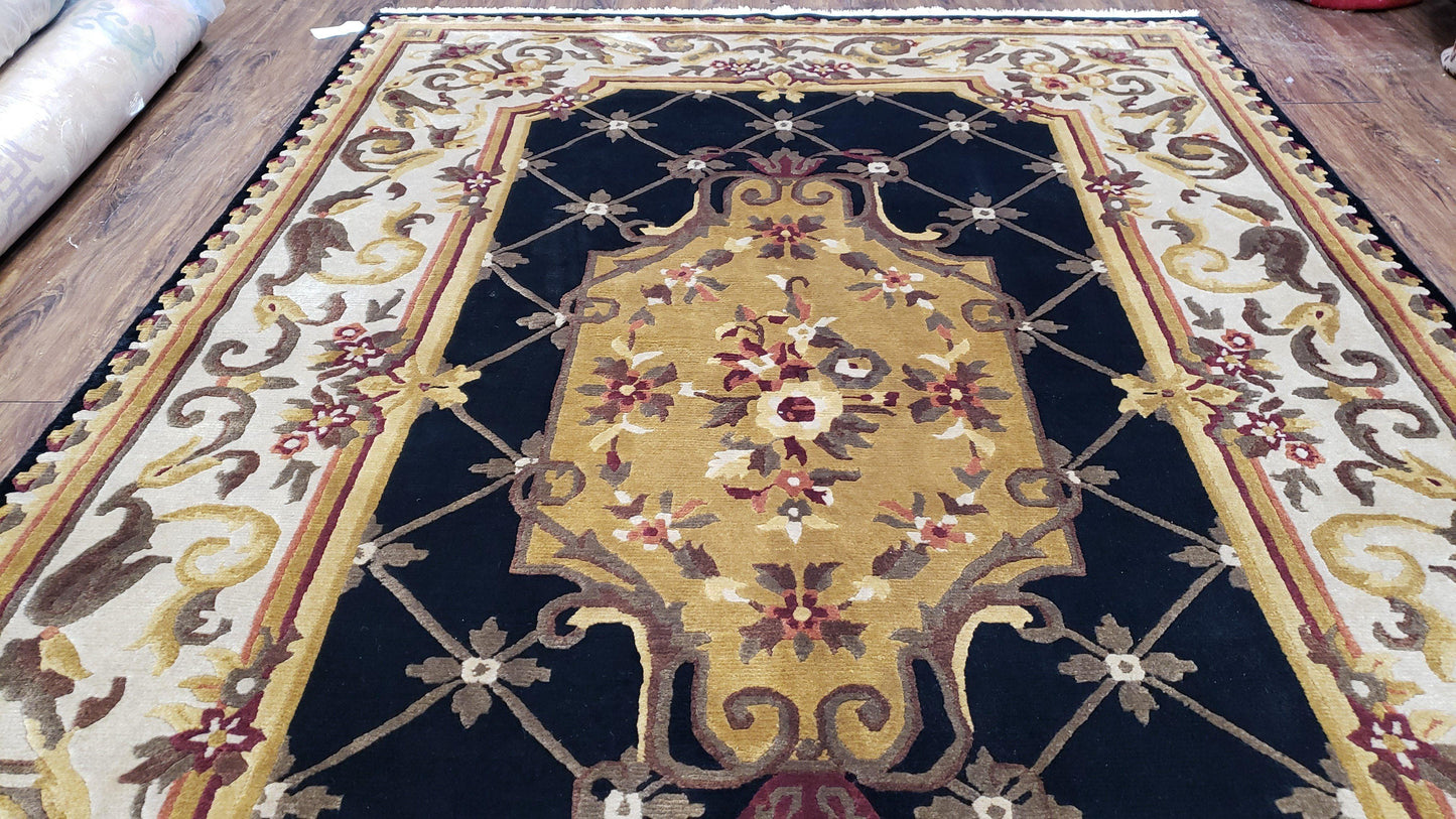 Nepal Rug 6x9, Nepalese Aubusson Area Rug 6 x 9, Hand-Knotted Wool Soft Pile Black & Beige Tibetan Aubusson New Carpet European Savonnerie