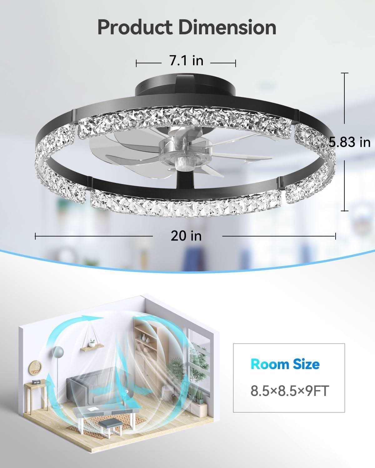 20 Inch Black Ceiling Fan With Remote Dimmable Light 3000K 6000K Low Profile Energy Efficient