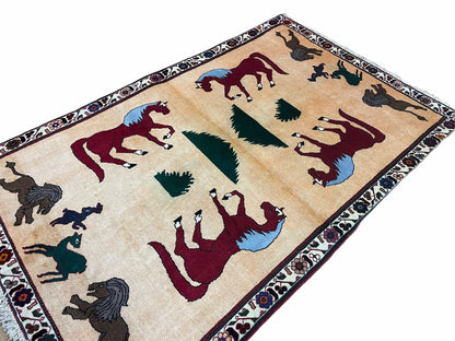4x6 Rug Handmade Zagros Quality Wool Horses Tribal Hand-Knotted Rug Veggie Dye