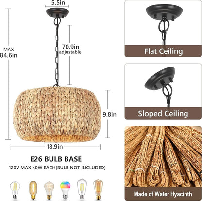 5 Light Farmhouse Rattan Chandelier Natural Water Hyacinth Shade