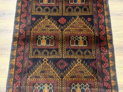 Afghan Rug 3x7, Navy Blue, Tribal Rug, Balouch Carpet, New