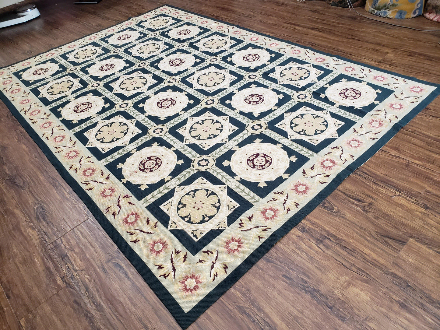 Vintage Chinese Needlepoint Rug 6x9, Panel Design Area Rug Wool Hand-Woven Black & Ivory Carpet Flat Weave Bedroom Rug 6 x 9 Living Room Rug