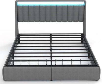 Queen Bed Frame With LED Lights And Storage Drawers