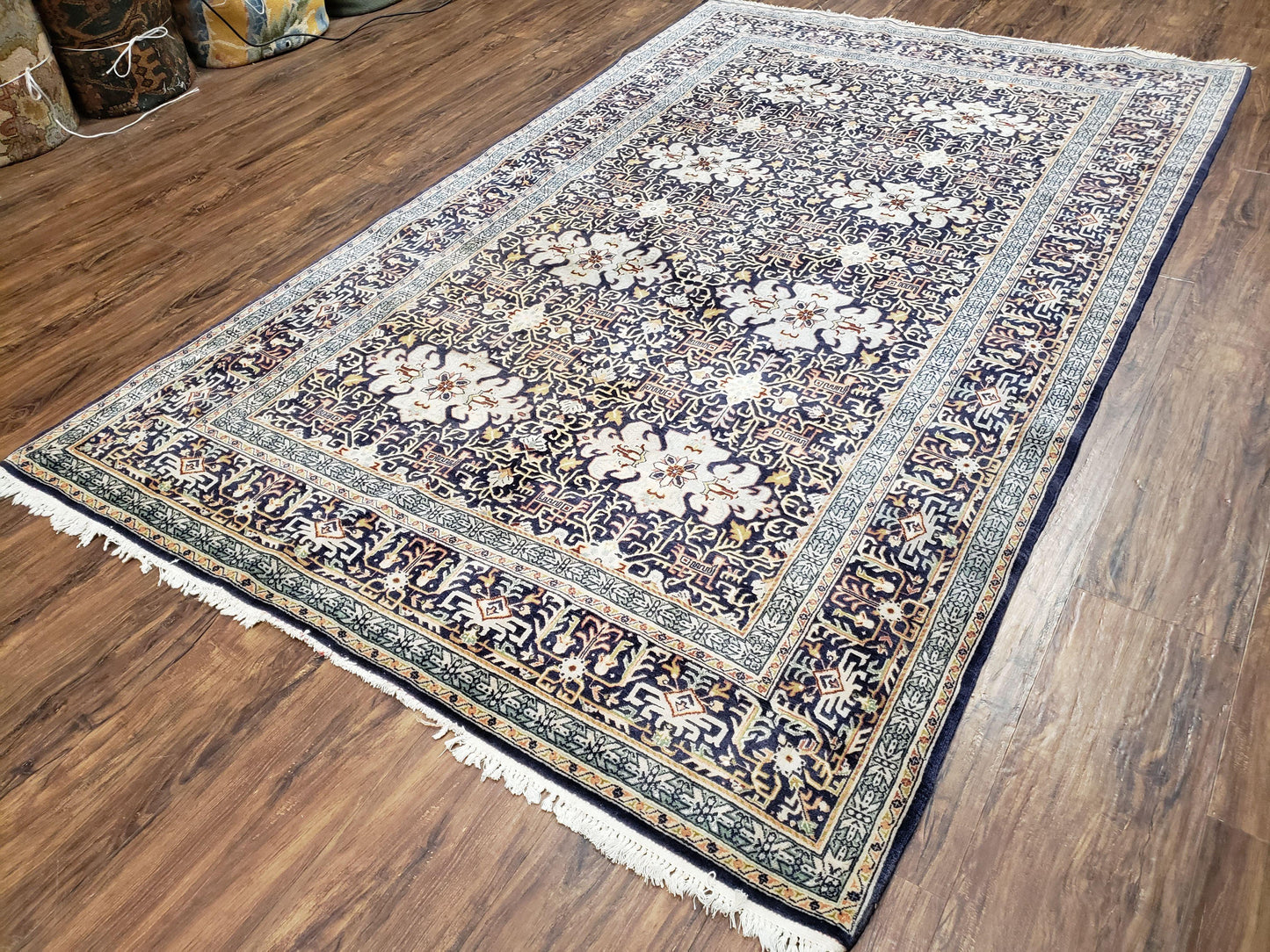 Antique Persian Kashan Rug, Midnight Blue & Ivory, Hand-Knotted, Wool, 4' 8" x 7' 4", Pair B