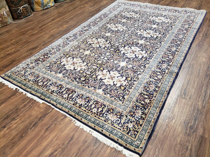 Antique Persian Kashan Rug, Midnight Blue & Ivory, Hand-Knotted, Wool, 4' 8" x 7' 4", Pair B