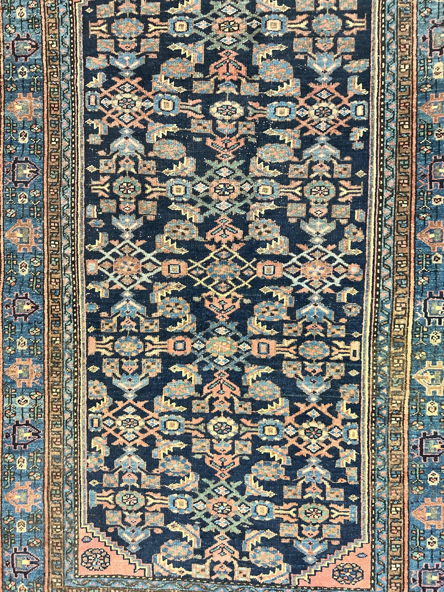 Antique Persian Tribal Rug 5x7, Navy Blue & Pink, Hand Knotted Handmade 1920s Wool Rug, Allover Pattern, Persian Hamadan Rug