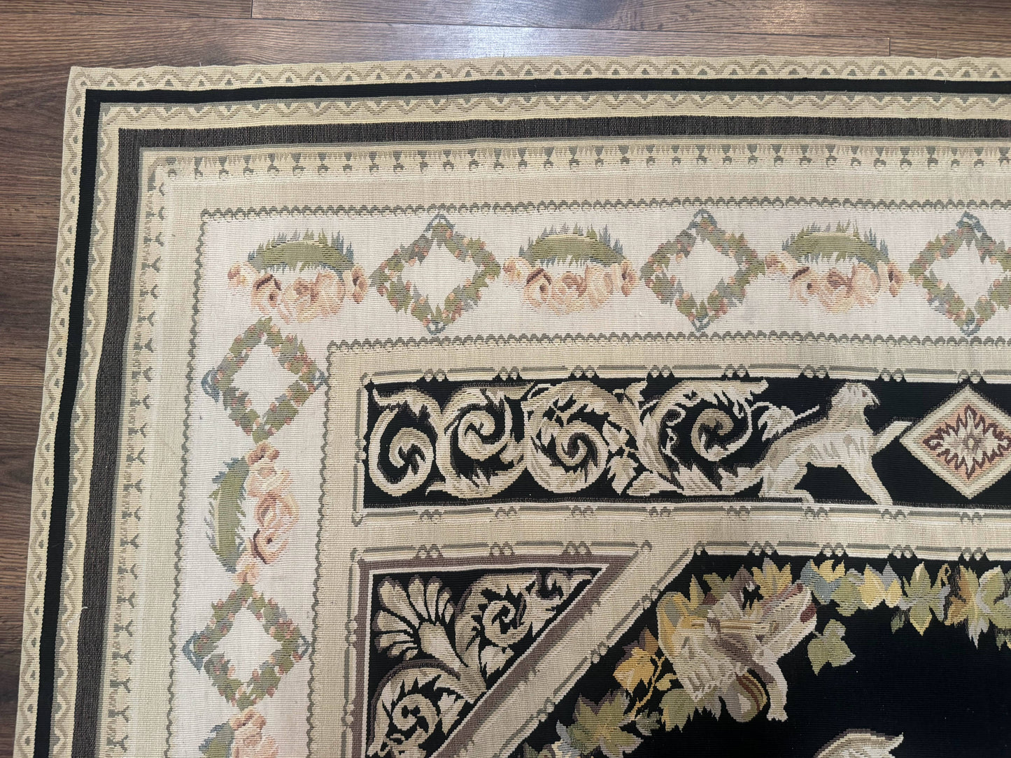 Aubusson Rug 6x8, European Design, Lion Pictorials, Black