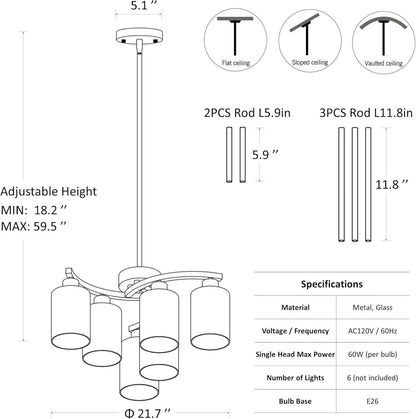 Six Light Brushed Nickel Industrial Glass Chandelier