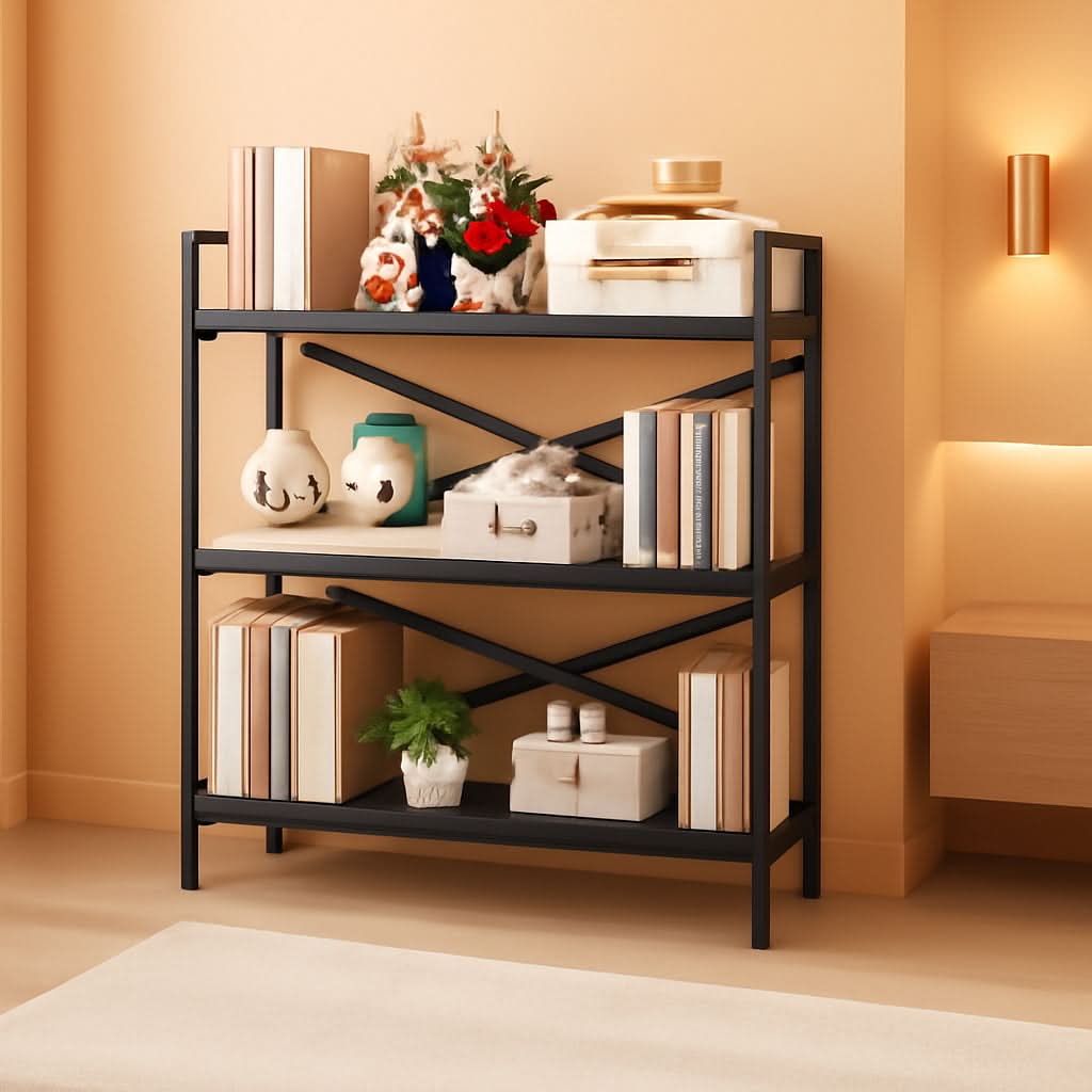 3 Tier Bookshelf 31 Inch Width Wood And Metal Etagere Black
