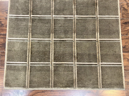 Tibetan Rug 4x6, Green Wool Handmade Area Rug 4 x 6, Panel Design, Modern Contemporary