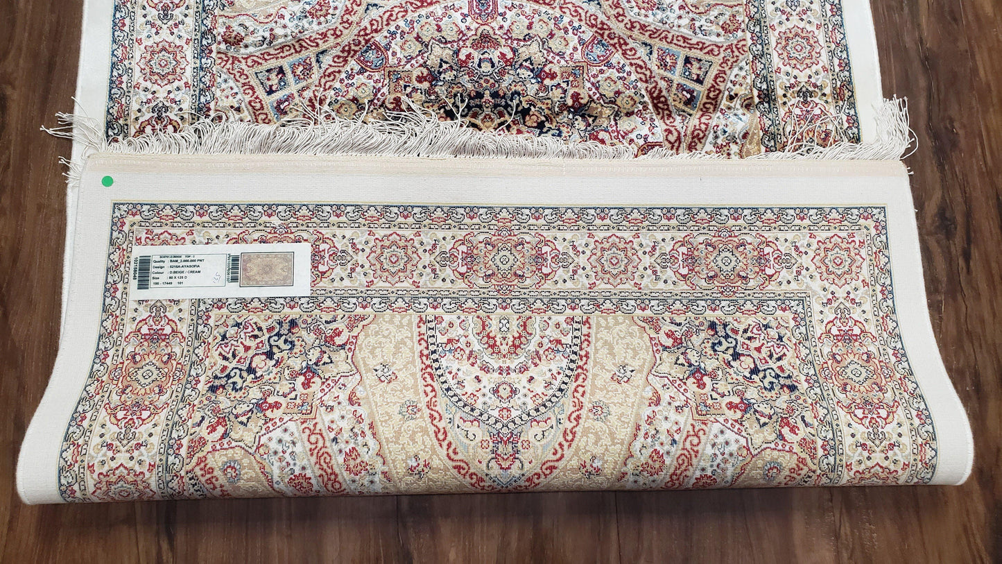 Persian Design Silk Accent Rug, Dome Medallion, Allover Pattern Oriental Carpet, Small Silk Rug, Cream, Ivory, Bamboo Silk, 2' 8" x 4' 1"