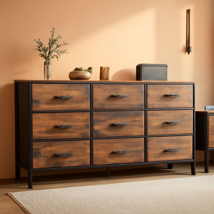 Rustic Brown 9 Drawer Dresser And TV Stand 47 Inch Wide
