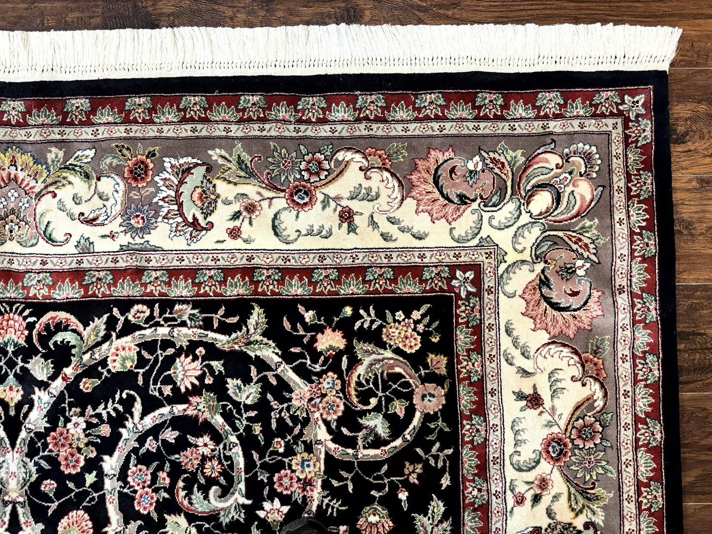 Black Pak Persian Rug 8x11, Floral Pattern, Hand Knotted Vintage Wool Rug with Silk Highlights, Fine 200 KPSI