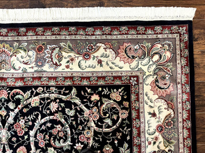 Black Pak Persian Rug 8x11, Floral Pattern, Hand Knotted Vintage Wool Rug with Silk Highlights, Fine 200 KPSI