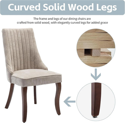 Beige Upholstered Dining Chairs 2 Pack Curved Wood Legs