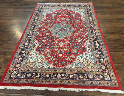 Persian Sarouk Rug 4x7, Red Navy Blue Vintage Wool Medallion Carpet