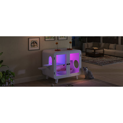 Hidden Cat Litter Box Cabinet – RGB LED, Glass Doors, Litter Walkway & Pom-Pom Toys, White
