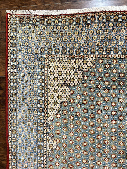 Rare Persian Rug 8x12, Qum Rug, Repeated Star Motifs, Blue and Ivory, Fine 300 KPSI, Hand Knotted Handmade Vintage Wool Rug