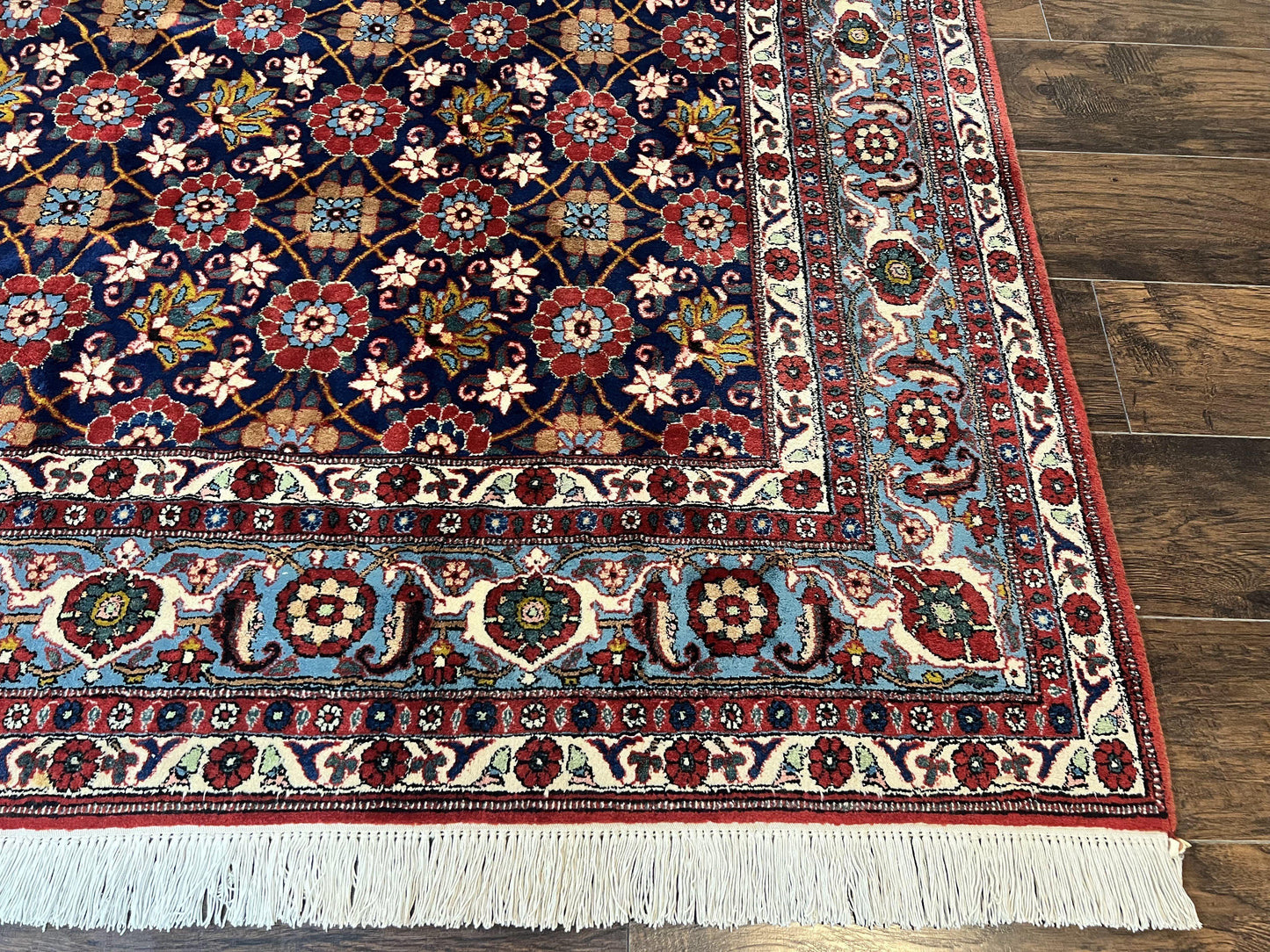 Persian Veramin Rug 7x11, Repeated Allover Pattern, Handmade Vintage Carpet, Navy Blue