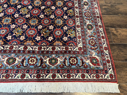 Persian Veramin Rug 7x11, Repeated Allover Pattern, Handmade Vintage Carpet, Navy Blue