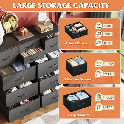 10 Drawer Dresser With Black Finish For Bedroom Storage
