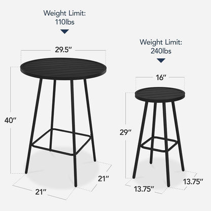 3 Piece Bar Height Patio Bistro Set Black Round Table With Backless Stools Patio Furniture Set