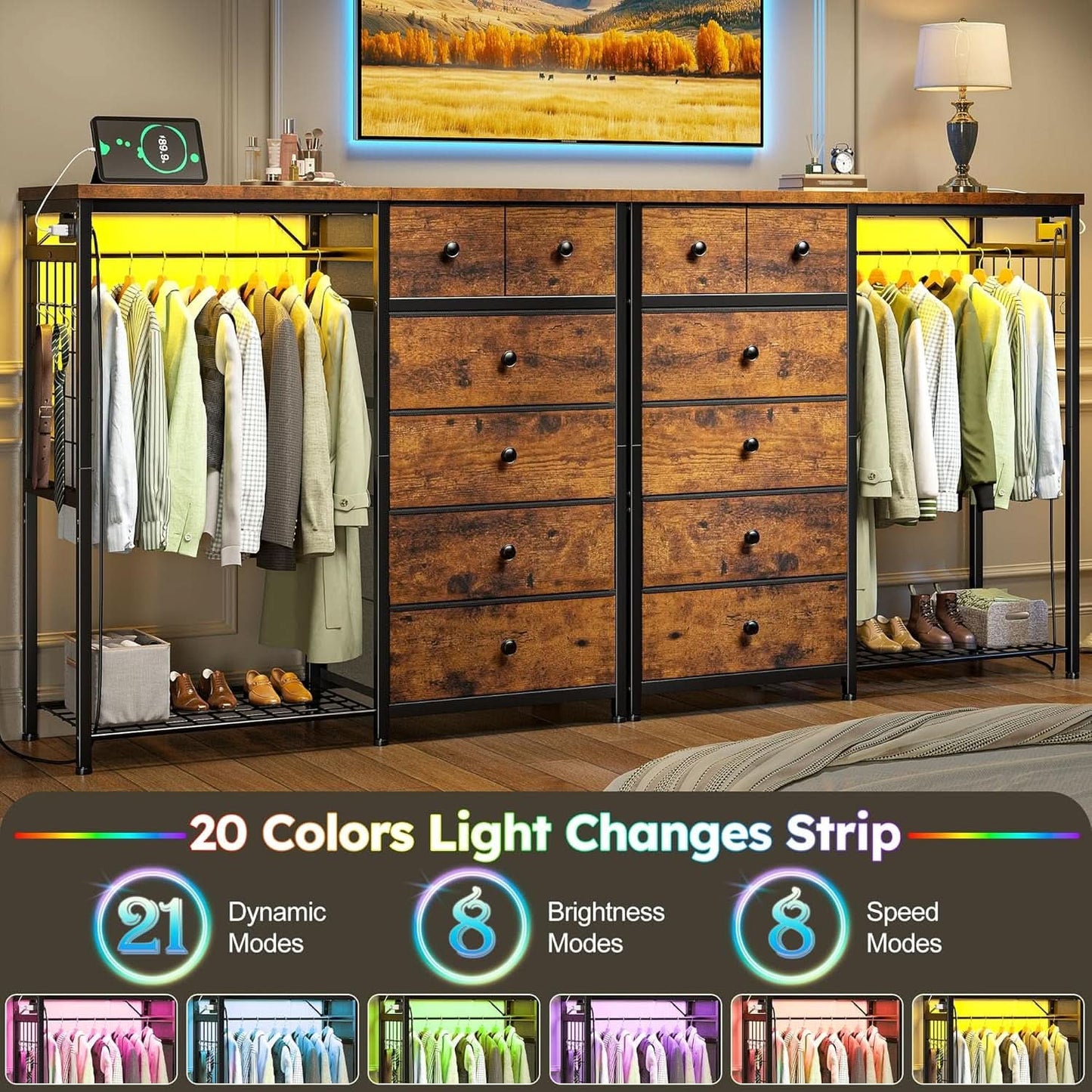 Brown Walnut Storage Dresser With RGB Lighting 49 Inch Wide