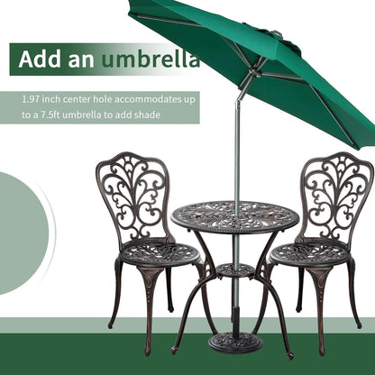 3 Piece Cast Aluminum Outdoor Patio Bistro Set With Umbrella Hole In Brown All Weather Durable
